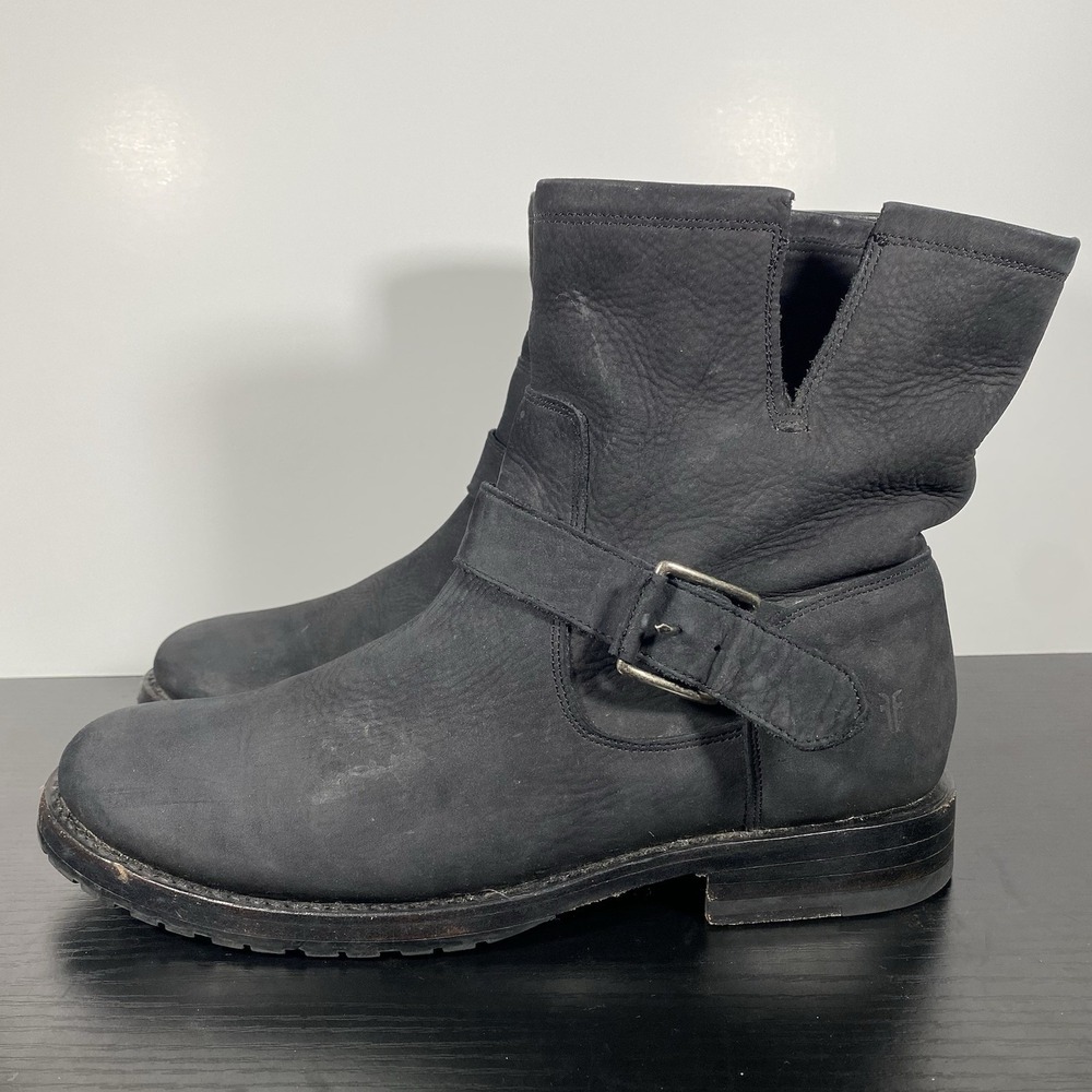 Frye Natalie Short Engineer Boot Black Suede Pull-On Ankle Boots Womens Size 8 B